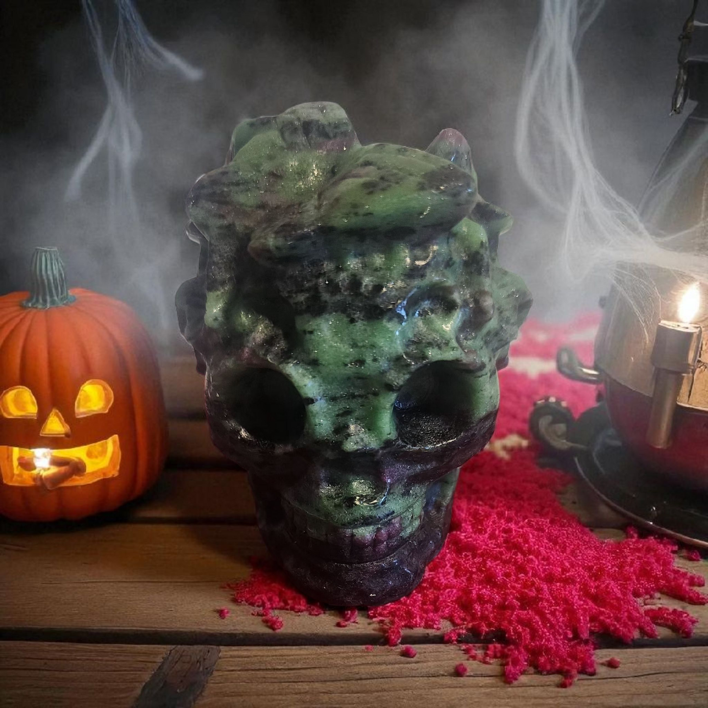 Ruby ziosite skull carving